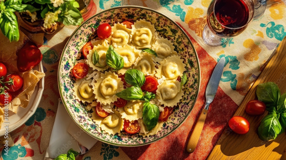 Overhead shot of a colorful table setting featuring a large bowl of chicken ravioli, with fresh tomatoes, basil, and a glass of red wine