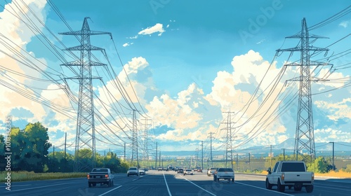 Power lines running parallel across a highway, with vehicles passing underneath, illustrating the integration of electrical infrastructure in modern transportation.