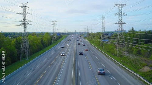 Power lines running parallel across a highway, with vehicles passing underneath, illustrating the integration of electrical infrastructure in modern transportation.