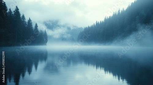 Smoke drifting across a calm lake at dawn, with the mist blending into the early morning fog, creating a tranquil, almost surreal scene.