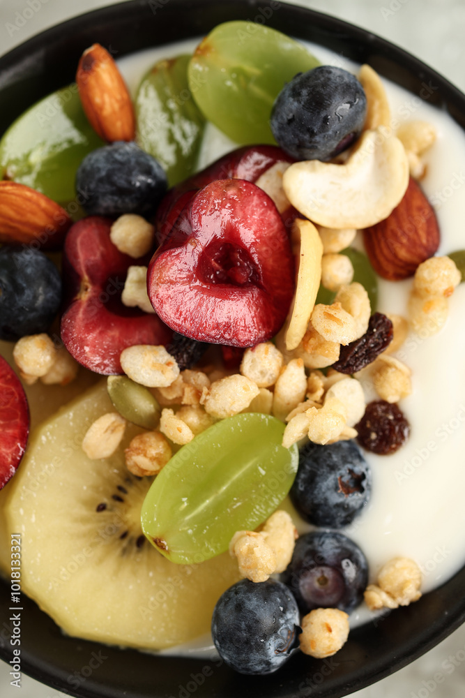 Top View Fresh Fruit Topping on Yoghurt or Cake Top View Fresh Fruit Topping on Yoghurt or Cake