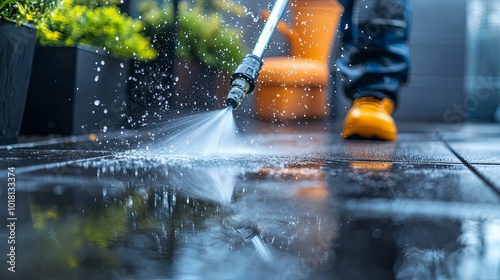 A Person Using a Pressure Washer to Clean a Patio photo