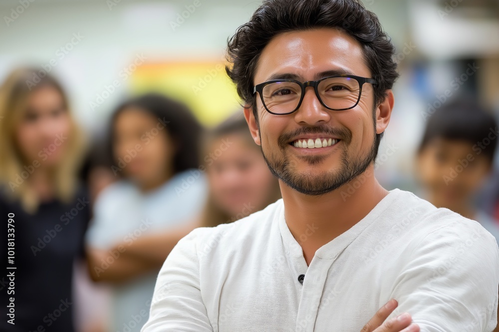 Fototapeta premium Confident teacher smiling in front of classroom, arms crossed, leading diverse group of students