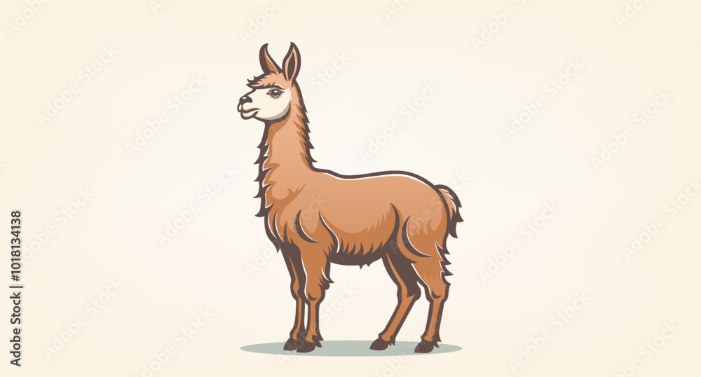 Vector cute brown graphic llama standing full length. Animals of south america. Light isolated background.