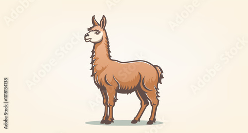 Vector cute brown graphic llama standing full length. Animals of south america. Light isolated background.
