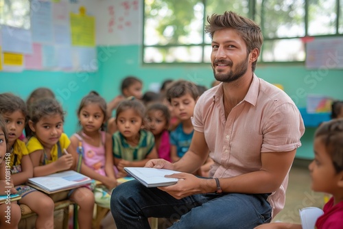 Teacher leading a story session with young students in a classroom setting