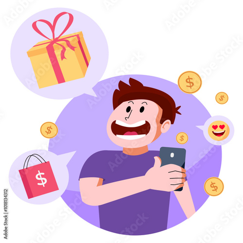 smiling man shopping online on mobile phone with yellow gifts and purple background