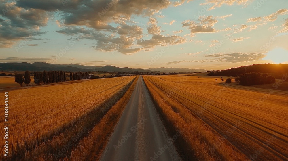 Wide shot of a picturesque road leading through a golden field at sunset, with dramatic sky colors and long shadows Wide shot of a picturesque road leading through a golden field at sunset, with dramatic sky colors and long shadows