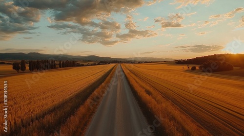 Wide shot of a picturesque road leading through a golden field at sunset, with dramatic sky colors and long shadows