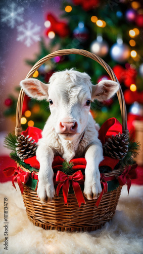 romantic christmas with basket and cute calf into it in xmas home, concept of christmas happiness for farm animals