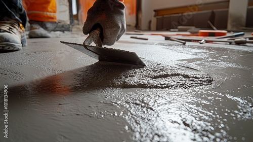 A Worker's Hand Spreading Wet Concrete with a Trowel photo