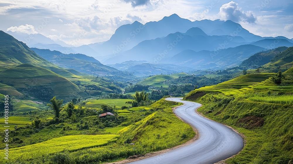 Wide view of a picturesque, winding road through a lush green landscape with scenic mountains in the distance Wide view of a picturesque, winding road through a lush green landscape with scenic mountains in the distance