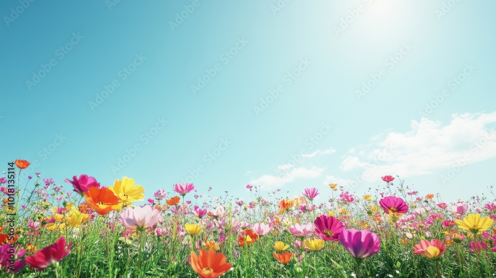 Wide view of a vibrant flower field with colorful blooms stretching to the horizon under a clear blue sky