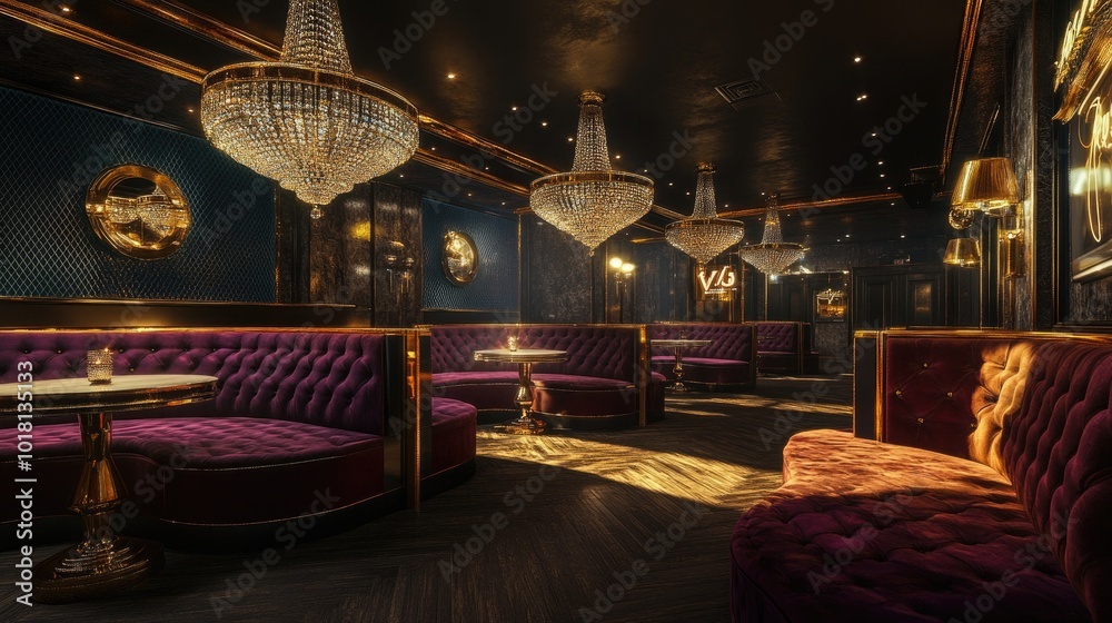 Naklejka premium An extravagant 80s nightclub VIP area with opulent velvet booths and sparkling chandeliers. The room is decked in rich