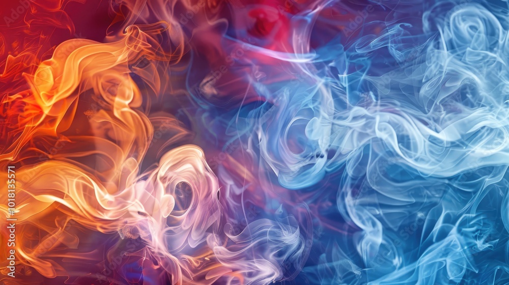 Fototapeta premium An abstract swirl of colorful smoke blending red and blue tones on a dark background, conveying a sense of motion and energy.