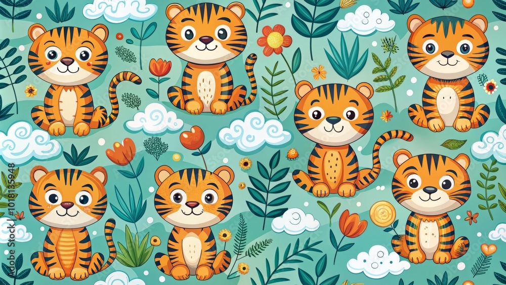 Fototapeta premium Charming cartoon tigers in delightful doodles and patterns, ideal for kids' decor and accessories, bringing vibrant fun and imagination into their