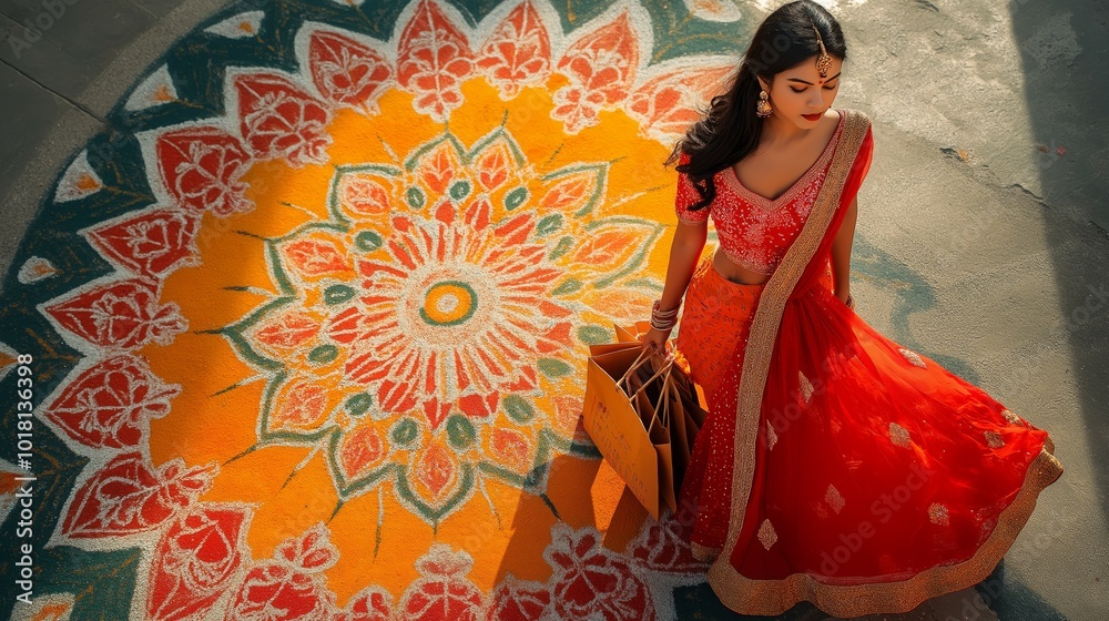 Fototapeta premium Woman in Traditional Red Attire Holding Shopping Bags with Vibrant Rangoli Background