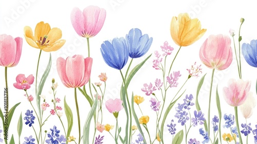 Watercolor Spring Flower Meadow Seamless Pattern