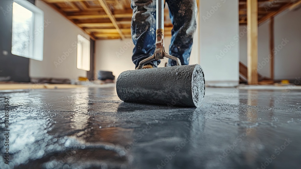 Worker using a roller to smooth wet concrete on a new floor Worker using a roller to smooth wet concrete on a new floor
