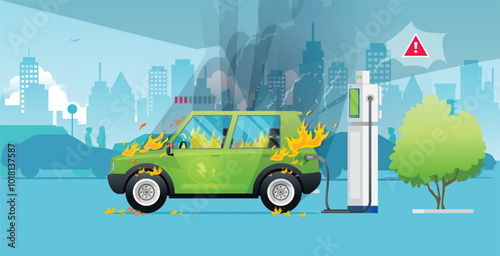 An electric car caught fire while charging.