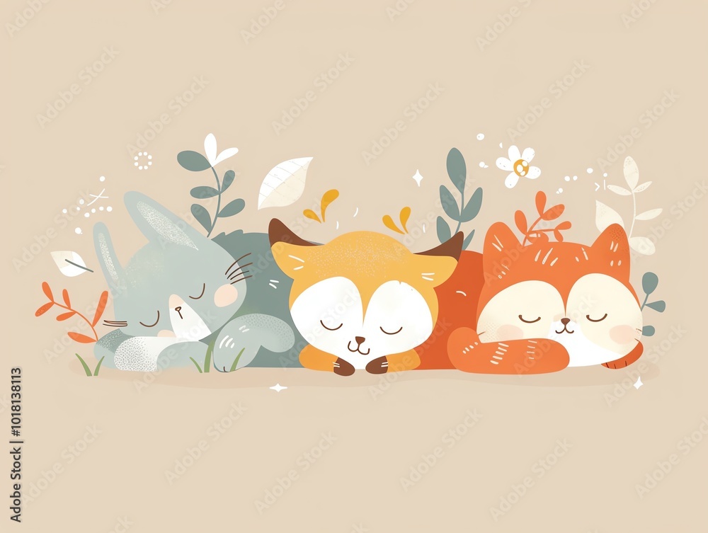 Fototapeta premium Sleeping animals, peaceful and serene, flat design illustration