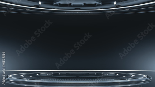 Technology Background. Power podium empty stage. Sci-fi idea concept. Technological elements innovation background. 3D render.