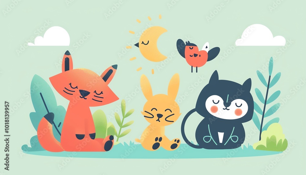 Naklejka premium Playful animals, enjoying the sun, flat design illustration