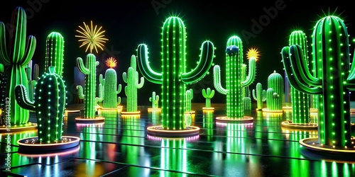 Colorful, animated neon cacti dance in rhythm, elevating VJ performances and music events, delivering a stunning visual spectacle that mesmerizes and