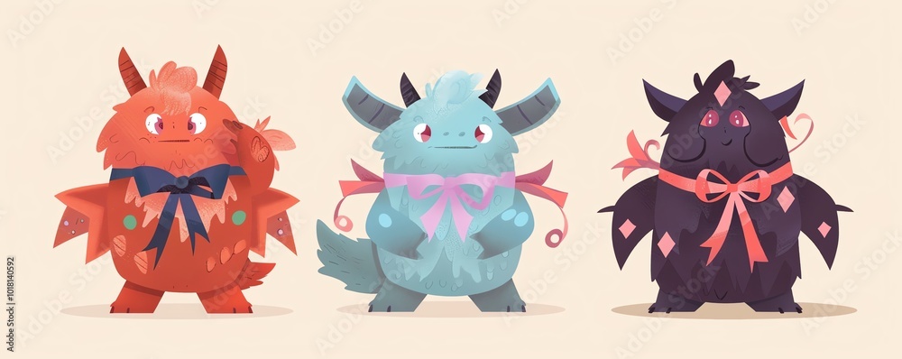 Obraz premium Fluffy creatures, with bows and ribbons, flat design illustration