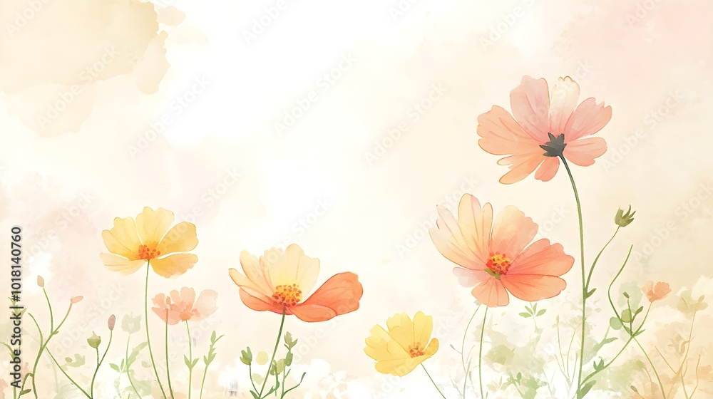 Naklejka premium A charming watercolor depiction of delicate daisies with subtle pastel petals, scattered on a light beige background, embodying a minimalist and airy design that brings a touch of tranquility. 