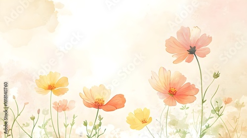 A charming watercolor depiction of delicate daisies with subtle pastel petals, scattered on a light beige background, embodying a minimalist and airy design that brings a touch of tranquility. 