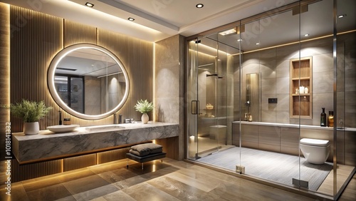 Contemporary hotel bathroom showcasing a glass shower, chic round mirrors, and refined amenities, delivering a lavish atmosphere perfect for