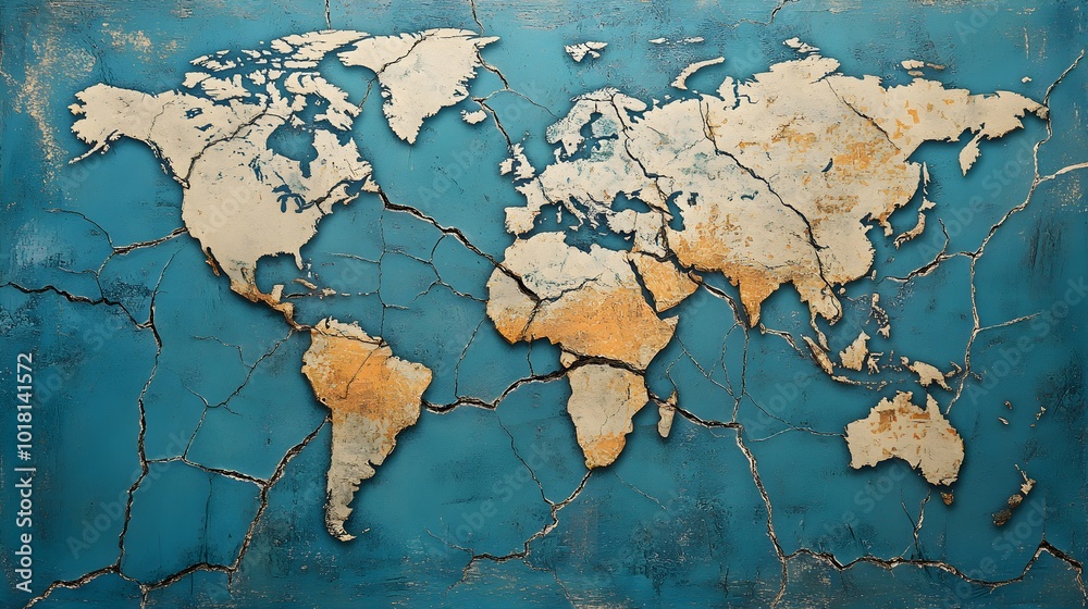 A world map with deep cracks splitting between nations, visually portraying fractured trade routes and broken connections, symbolizing global conflict and strained economic ties A world map with deep cracks splitting between nations, visually portraying fractured trade routes and broken connections, symbolizing global conflict and strained economic ties