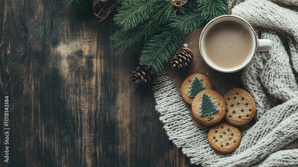 Cozy Christmas setting with a hot drink, cookies, and pine branches. Copy space above. Cozy Christmas setting with a hot drink, cookies, and pine branches. Copy space above.