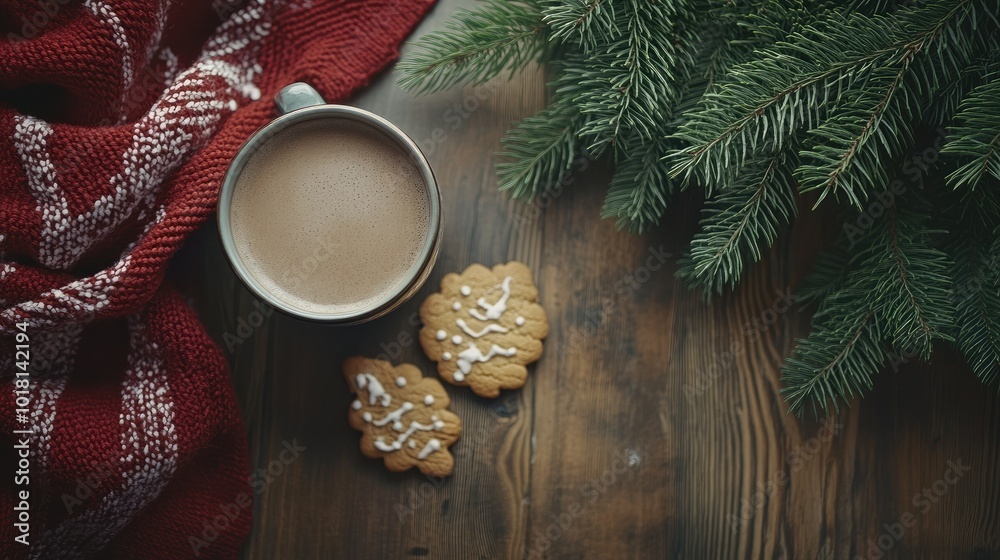 Cozy Christmas setting with a hot drink, cookies, and pine branches. Copy space above. Cozy Christmas setting with a hot drink, cookies, and pine branches. Copy space above.