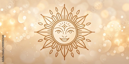 Create a stunning Boho vector logo showcasing a smiling sun emblem. Its linear design offers a unique, inviting graphic, ideal for branding with a