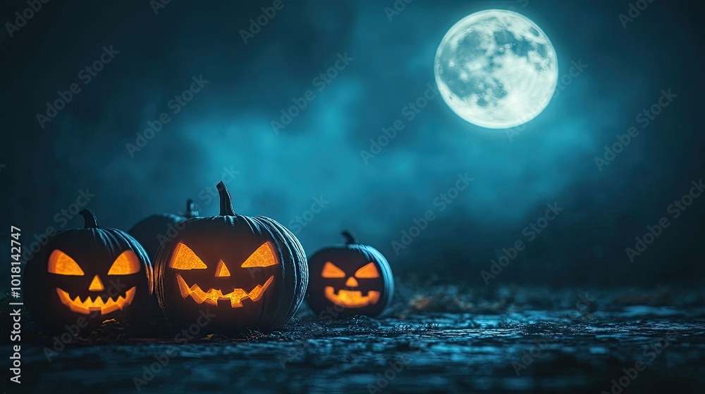 Dark Halloween night with glowing jack-o-lanterns and a full moon. Copy space available. Dark Halloween night with glowing jack-o-lanterns and a full moon. Copy space available.