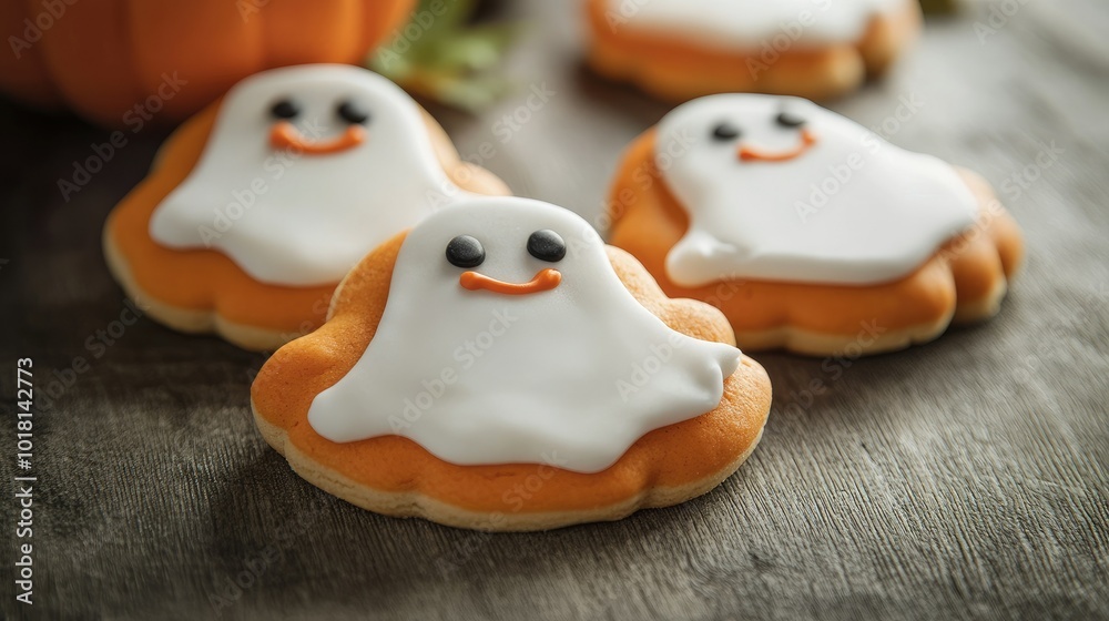 Decorated Halloween cookies shaped like pumpkins and ghosts on a table. Copy space on the side. Decorated Halloween cookies shaped like pumpkins and ghosts on a table. Copy space on the side.