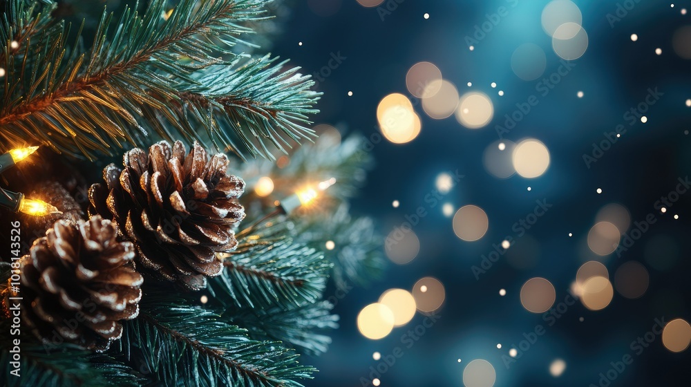 Festive Christmas background with twinkling lights and pine cones. Copy space on the side. Festive Christmas background with twinkling lights and pine cones. Copy space on the side.