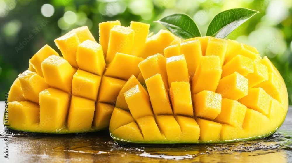 Close-up of two ripe, yellow mango halves, cut into cubes, with a green leaf on a dark surface against a blurred green background. Close-up of two ripe, yellow mango halves, cut into cubes, with a green leaf on a dark surface against a blurred green background.