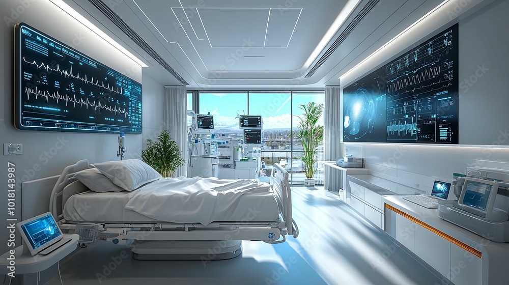 Modern Hospital Room with Medical Equipment and a City View