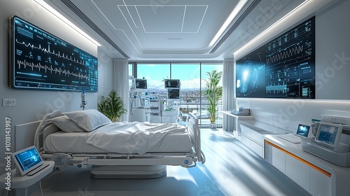 Modern Hospital Room with Medical Equipment and a City View