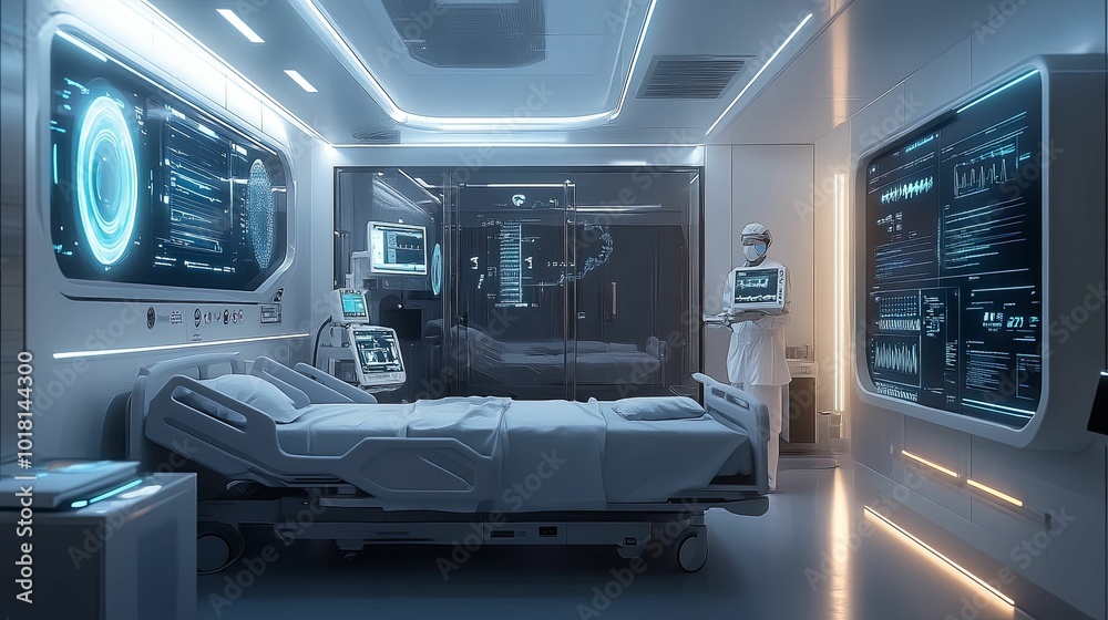 Futuristic Hospital Room with Medical Technology and a Nurse Futuristic Hospital Room with Medical Technology and a Nurse
