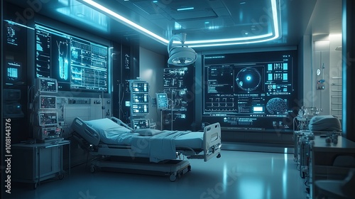 Futuristic Hospital Room with High-Tech Medical Equipment and Monitors