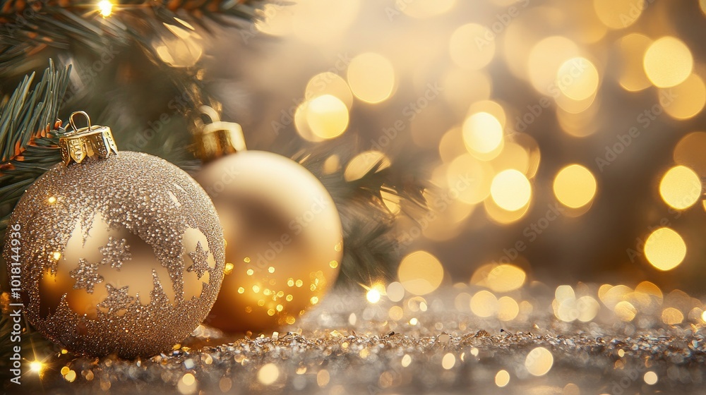 Golden Christmas baubles with a bokeh light background. Copy space available.