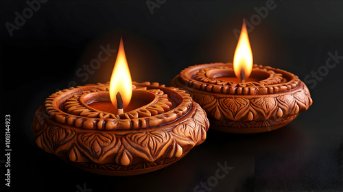 Two intricately designed oil lamps with flickering flames.