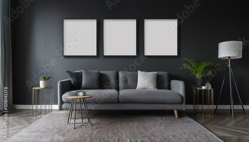 Stylish Living Room Featuring Three Accent Canvas Square Paintings on the Wall, Complementing the Modern Decor with Frames for Art, Perfect for Interior Design Inspiration and Home Aesthetics photo