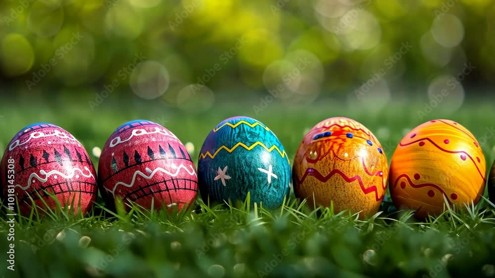 Colorful Easter eggs sit in a row on green grass Colorful Easter eggs sit in a row on green grass