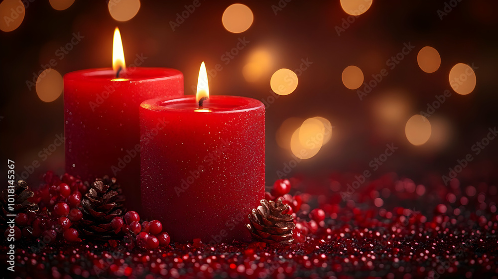 Two red candles with pinecones and berries, creating a cozy ambiance. Two red candles with pinecones and berries, creating a cozy ambiance.
