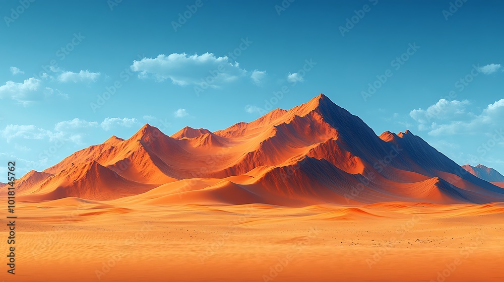 Naklejka premium A majestic mountain range rises from the vast, red sand desert under a clear blue sky.